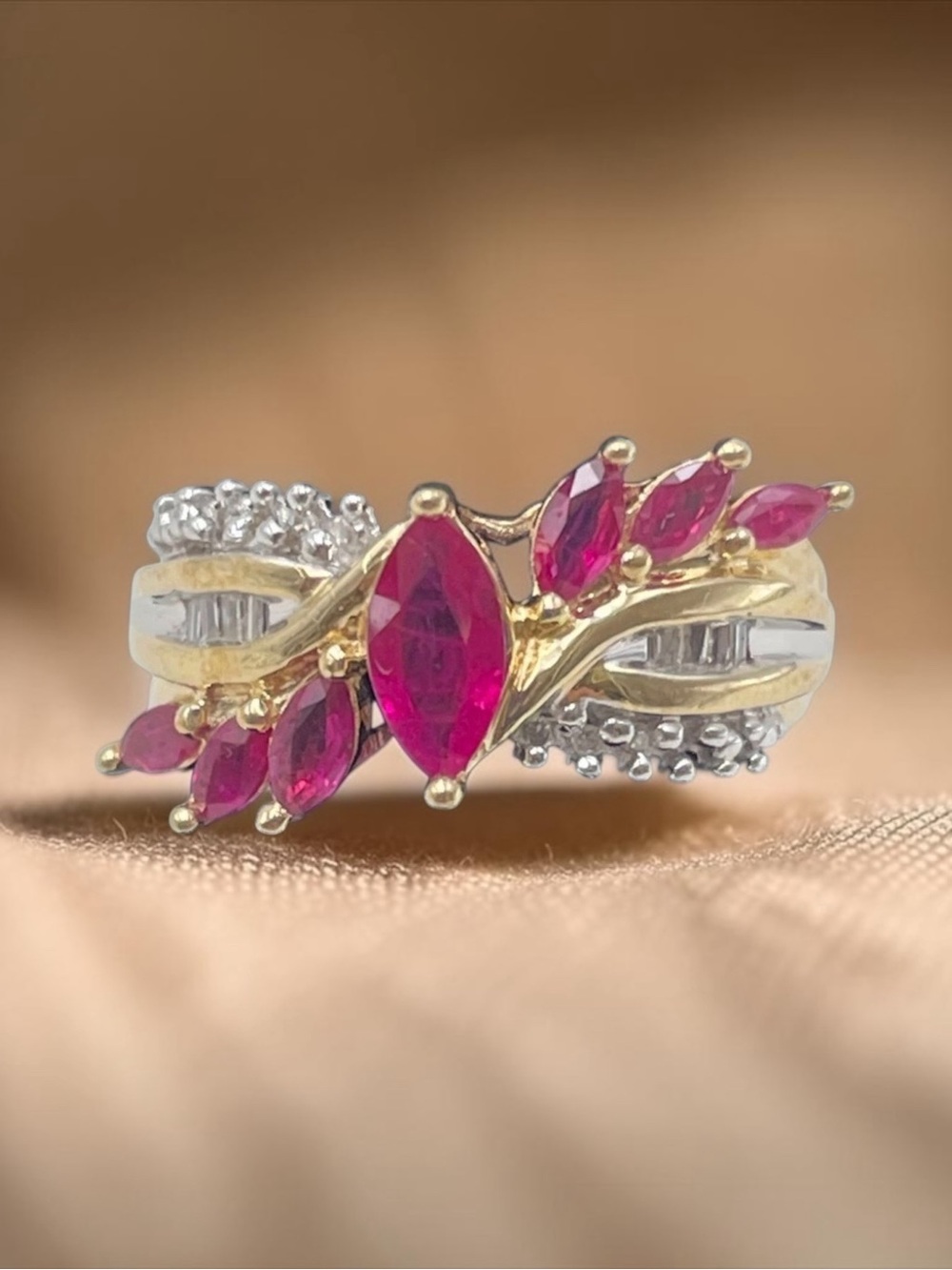 10K Gold Marquise Red Gemstone & Diamond Accent Statement Ring